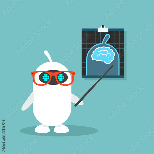 Artificial intelligence conceptual illustration. Cute robot pointing at the x-ray image / flat editable vector illustration, clip art