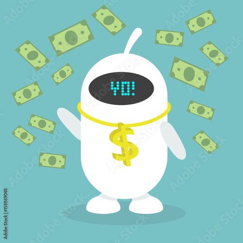 Wealth conceptual illustration. Robot wearing golden chain / flat editable vector illustration, clip art