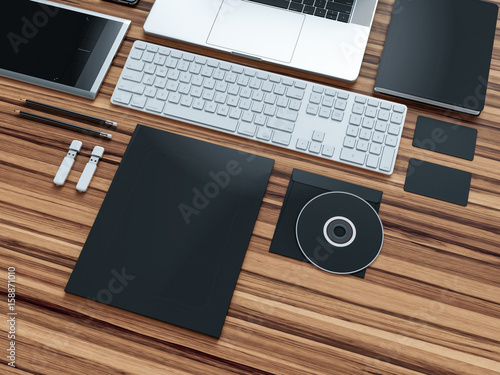 Computer, laptop, digital tablet, mobile phone, virtual headset and newspaper on wooden table. IT concept. photo