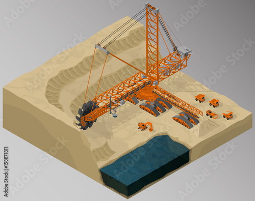 Vector isometric illustration of bucket-wheel excavator, heavy equipment used in surface mining, sand quarry development and involving machinery. Equipment for high-mining industry.