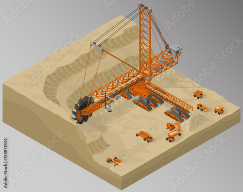 Vector isometric illustration of bucket-wheel excavator, heavy equipment used in surface mining, sand quarry development and involving machinery. Equipment for high-mining industry.