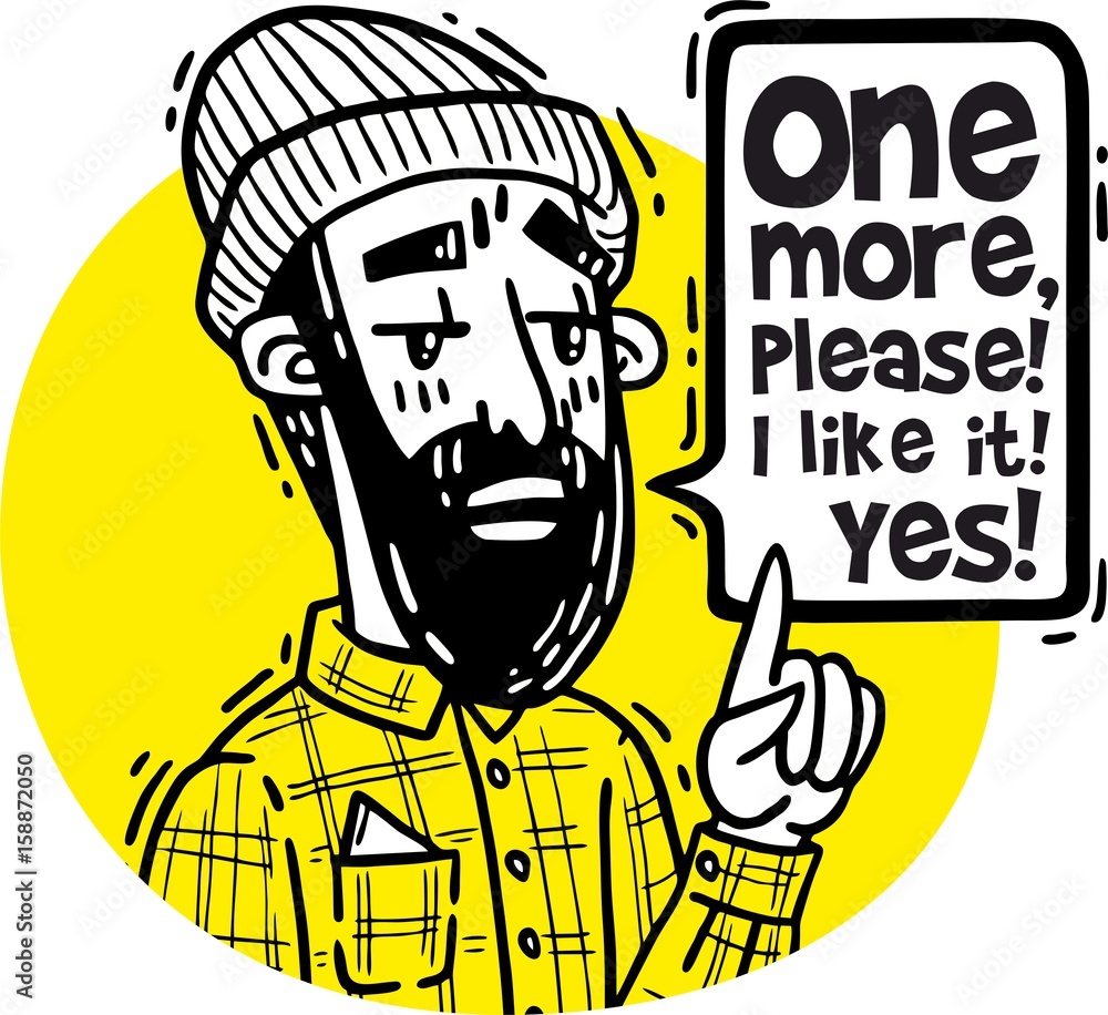 Portrait of a bearded hipster pointing a finger up and saying one more please yellow Portrait of a bearded hipster pointing a finger up and saying one more please yellow