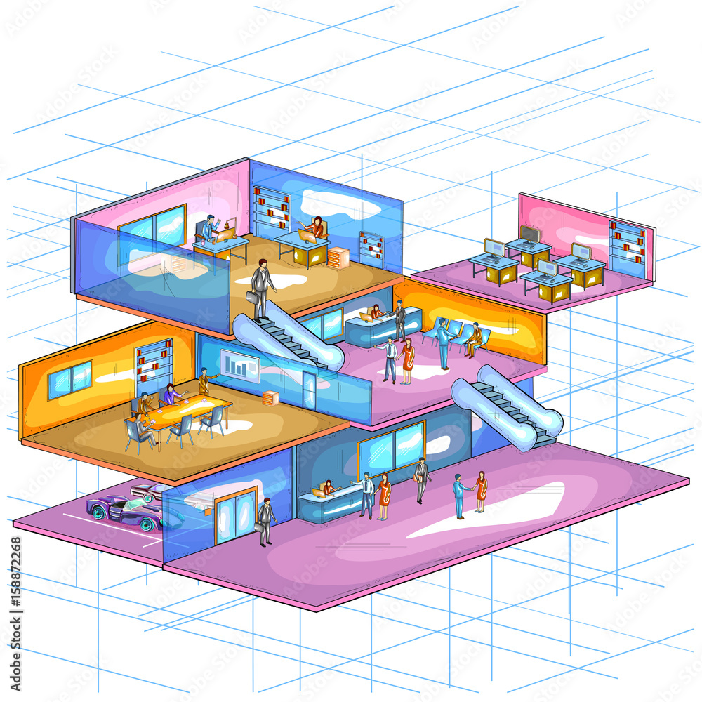 Flat style 3D Isometric view of Infrastructure layout of office workspace