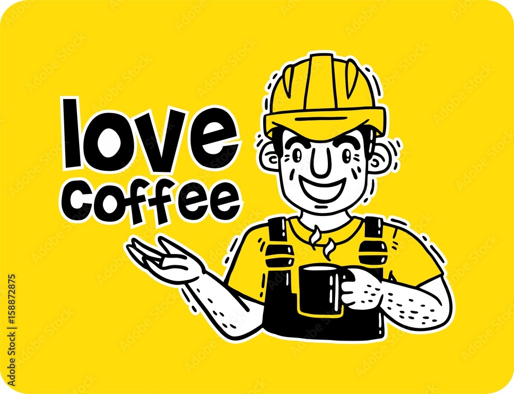 working man in a protective helmet loves coffee working man in a protective helmet loves coffee