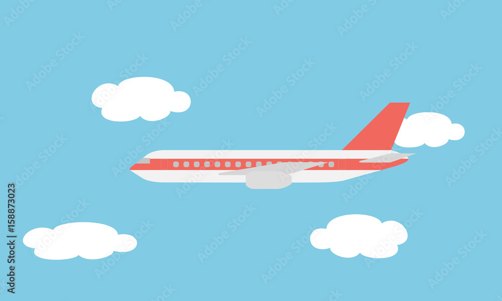 View of the large and fast line airliner flying among the clouds in the blue sky - vector