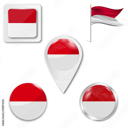 Set of icons of the national flag of Indonesia and Monaco in different designs on a white background. Realistic vector illustration. Button, pointer and checkbox.