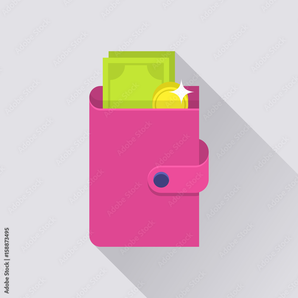Flat wallet icon. Pink wallet with cash and coin. Internet sign with long shadow in cartoon style. Web and mobile design element. Money symbol. Vector colored illustration. Flat wallet icon. Pink wallet with cash and coin. Internet sign with long shadow in cartoon style. Web and mobile design element. Money symbol. Vector colored illustration.