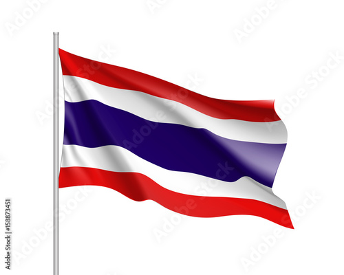Waving flag of Thailand. Illustration of Asian country flag on flagpole. Vector 3d icon isolated on white background