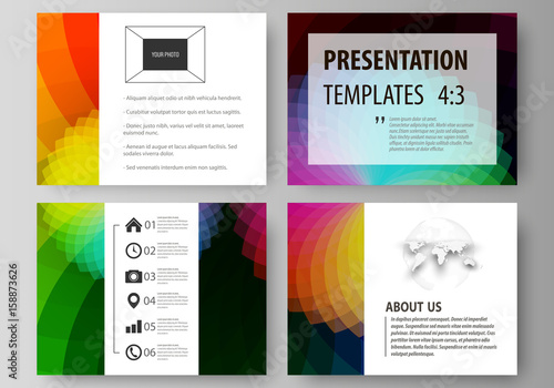 Set of business templates for presentation slides. Easy editable layouts in flat style, vector illustration. Colorful design with overlapping geometric shapes forming abstract beautiful background.