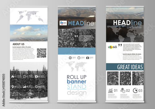 Roll up banner stands, flat design templates, business concept, corporate vertical vector flyers, flag layouts. Abstract landscape of nature. Dark pattern in geometric vintage style, mosaic texture.