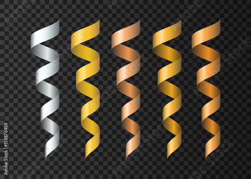 Set of  realistic  golden , silvery, copper  ribbons  serpentine.