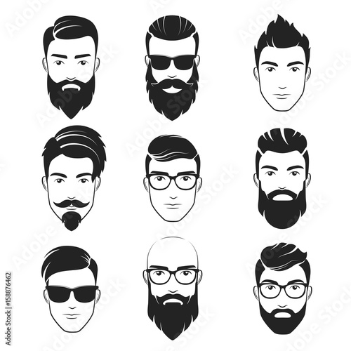 Set of vector bearded hipster men faces. Haircuts, beards, mustaches set. Handsome man emblems icons.
