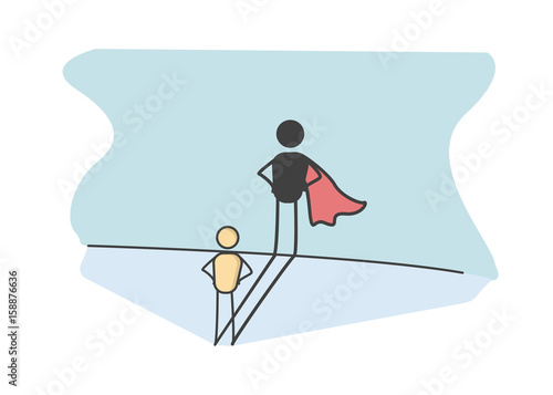 Character with a super hero shadow representing success in life, preserverance, courage, promotion at work. Vector illustration