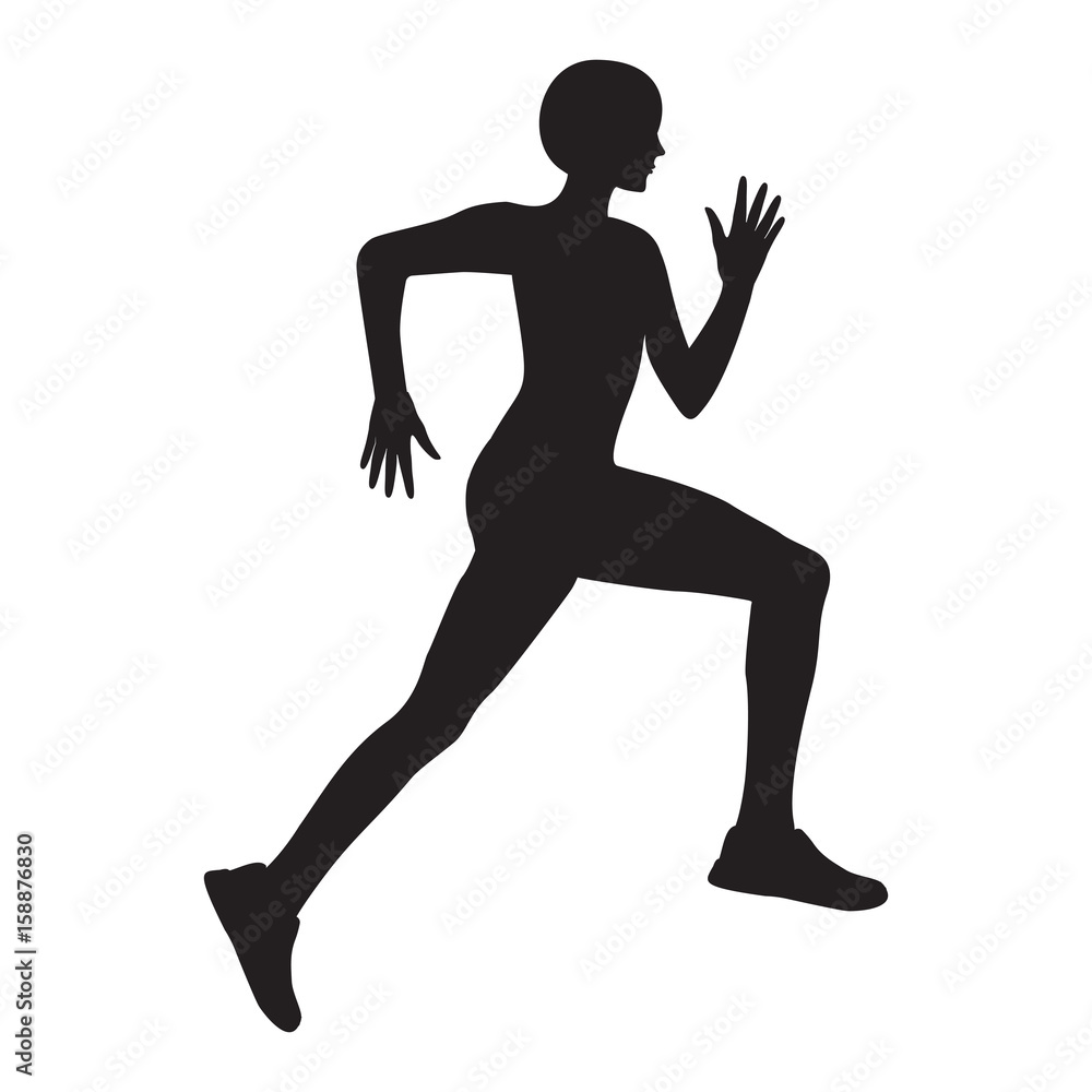 Silhouette of sporty running girl, isolated on white background. Artistic creative vector illustration of a modern minimalist flat style