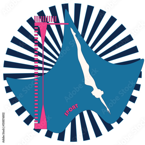 Sport swimming silhouette woman jump with a springboard isolated on rays blue background abstract art creative modern flat style minimalism vector
