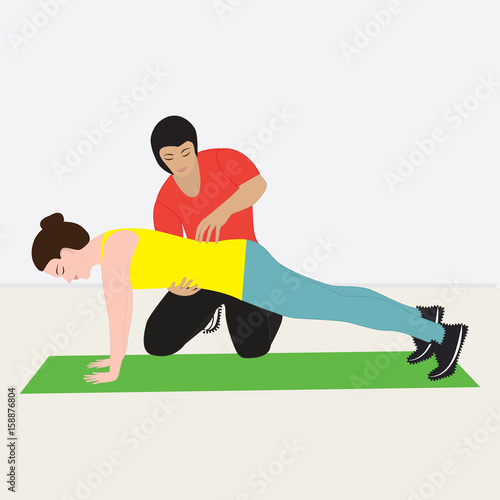 Personal fitness trainer holds classes with girl stand on hands Art modern creative vector illustration flat style light background