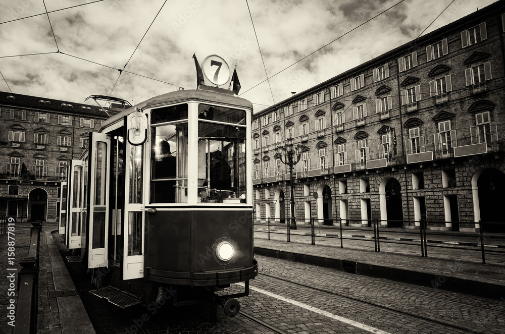 Historical tram stops in Piazza Castello, main square of Turin (Italy)