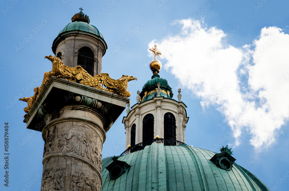 Detail of the columns and of the dome of the Karlskirche (Saint Charles Church) in Vienna, Austria, seen from Karlsplatz