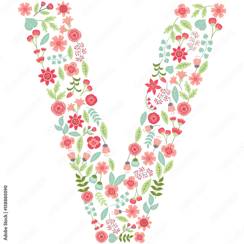 Vector floral letter V. Vector floral abc. English floral alphabet. Font vector illustration. 