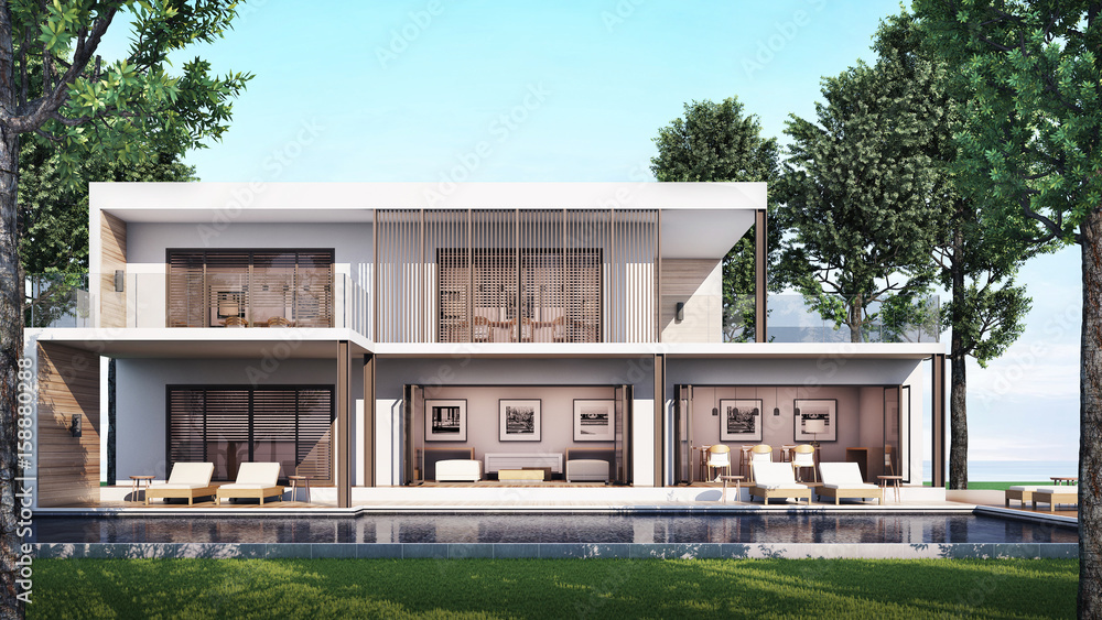 3D Rendering Modern House Pool Villa / Pool View Daybed on the floor deck wood with livingroom Kitchen and Dining room 