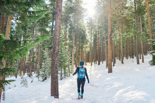 A female hiker hikes in the forest with snow in winter.