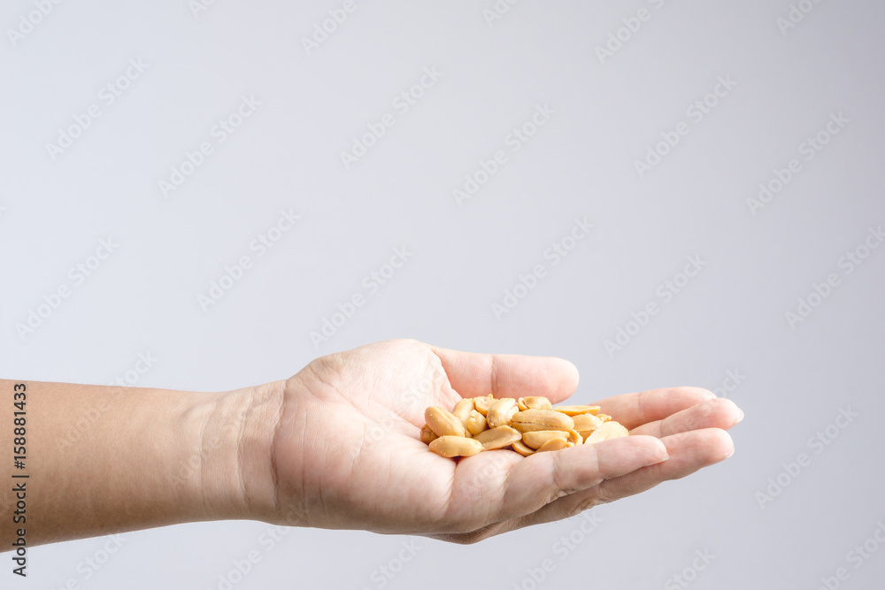 Hand holding heap of salt roasted peanuts Hand holding heap of salt roasted peanuts