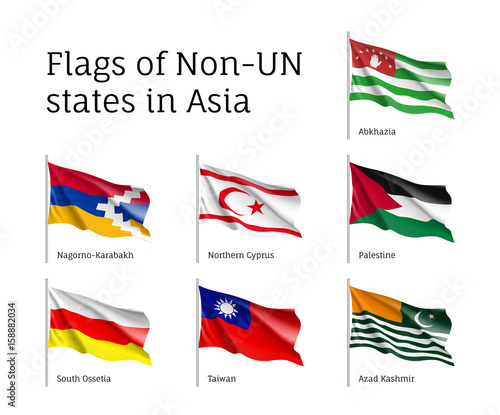 Set of waving flags of non-un states: Abkhazia, Kashmir and Northern Cyprus, Nagorno-Karabakh, Palestine and Taiwan. Collection with 7 signs. Vector isolated icons