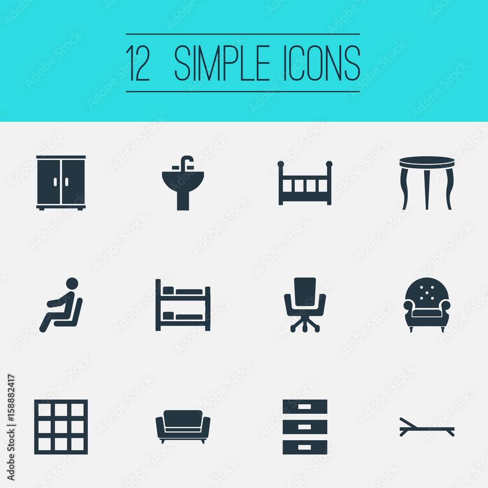 Vector Illustration Set Of Simple Furniture Icons. Elements Bunk Bed, Tap, And Other