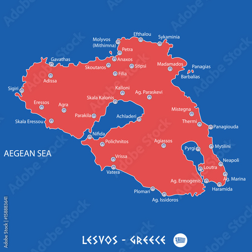 island of lesvos in greece red map illustration