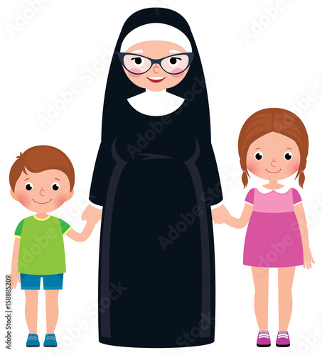 Senior nun holding hands boy and girl children