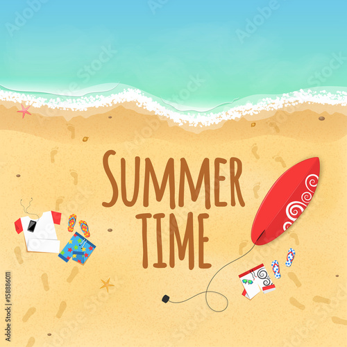 Summer time. Clothes on the beach. Sand grains. Waves from the sea. Surfboard. Footprints from the feet on the sand. Rest on the beach. Text on the sand. Cover for the project. Vector illustration