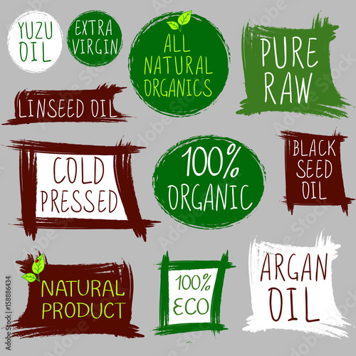 Vintage stamps, oil. Cold pressed oil, 100 eco and organic, all natural, pure raw prodect. Argan, yuzu, black seed and linseed oil emblems. Gray background