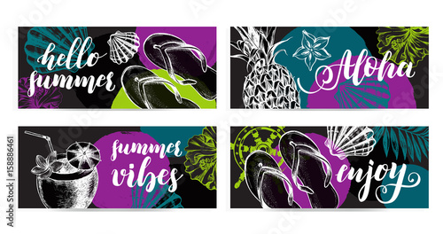 Set of banners for summer and vacation theme. Background with Ink hand drawn elements. Template for cards, labels with modern brush calligraphy style lettering. Vector illustration.