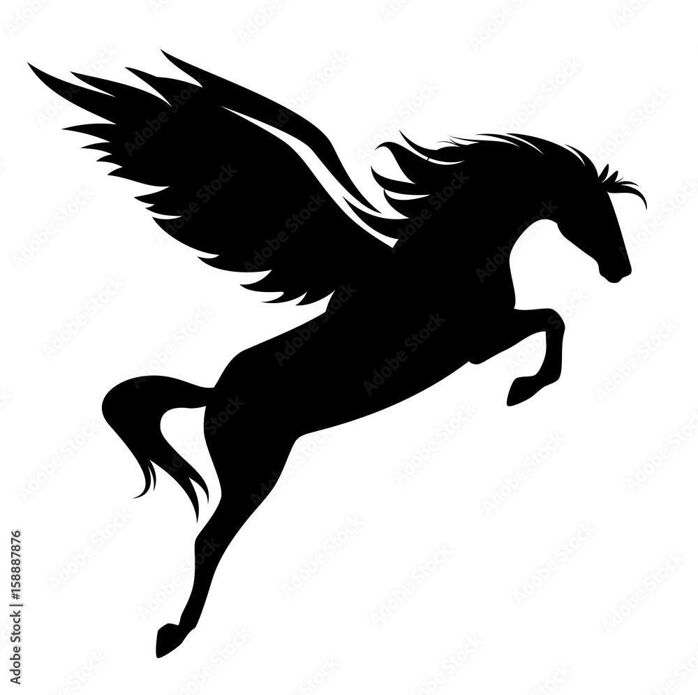 jumping pegasus - winged horse black vector design