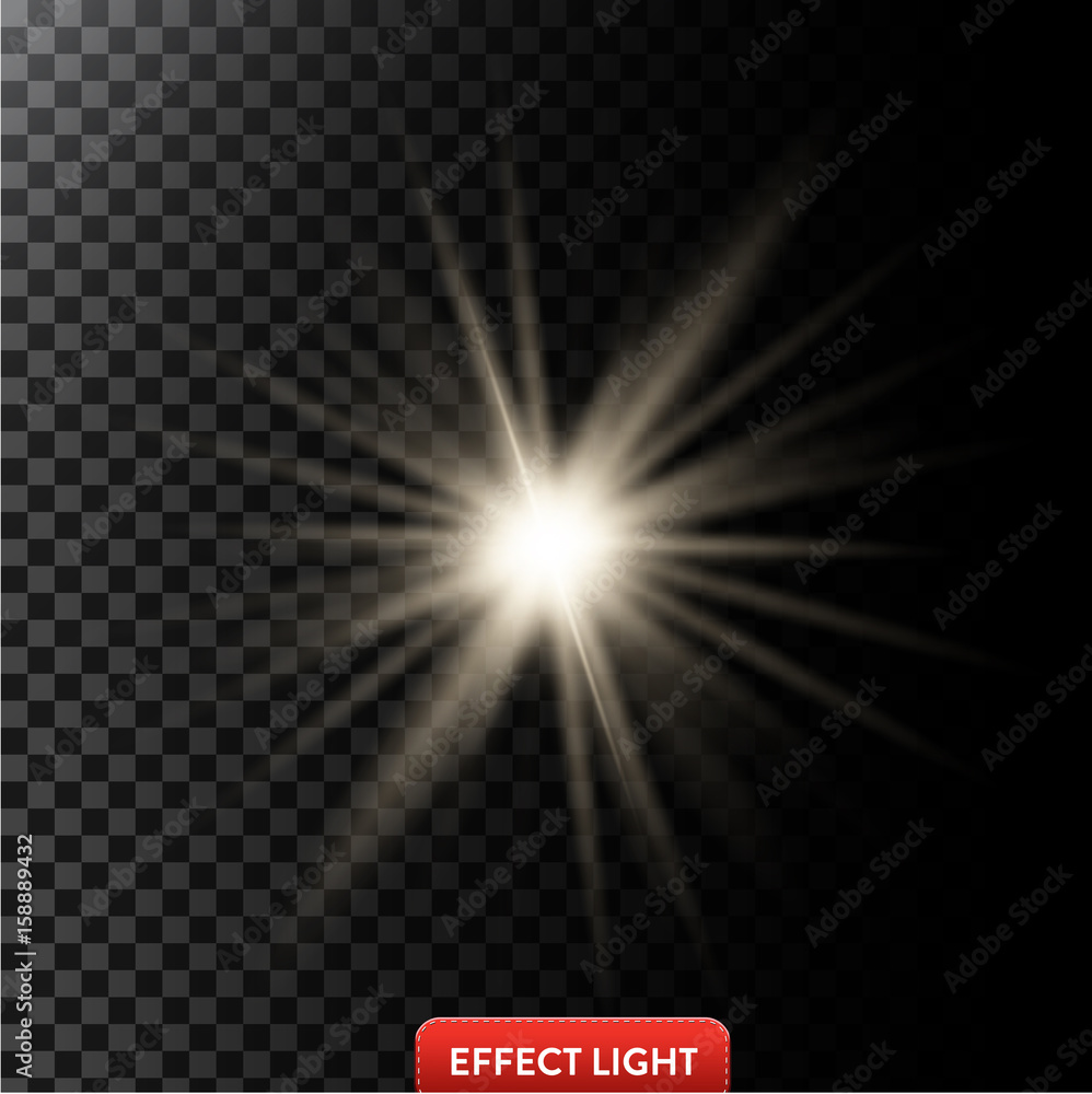 Vector illustration of a glowing light effect with rays and lens flares isolated on a dark translucent background