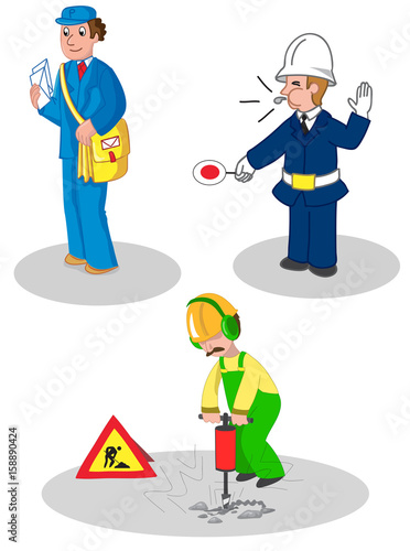 Postman, warden and building contractor, set of illustrated jobs