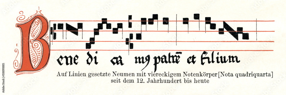 Square neumes (Nota quadriquarta) on four lines (from Meyers Lexikon, 1896, 13/36/37)