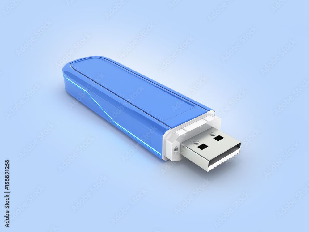USB flash drive in blue with backlight on blue gradient background with reflection 3d USB flash drive in blue with backlight on blue gradient background with reflection 3d