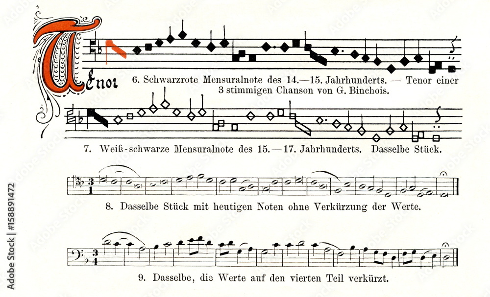 Fototapeta premium Structural tenor from three voice Burgundian chanson by Gilles Binchois (ca. 1400-1460) in mensural notation and modern transcription (from Meyers Lexikon, 1896, 13/36/37)