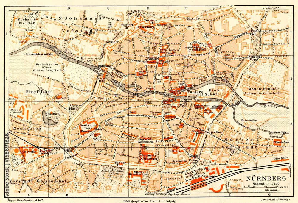Obraz premium Map of Nuremberg, Germany (from Meyers Lexikon, 1896, 13/58/59)
