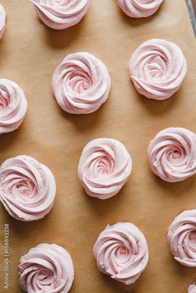Strawberry marshmallows on a baking sheet Strawberry marshmallows on a baking sheet