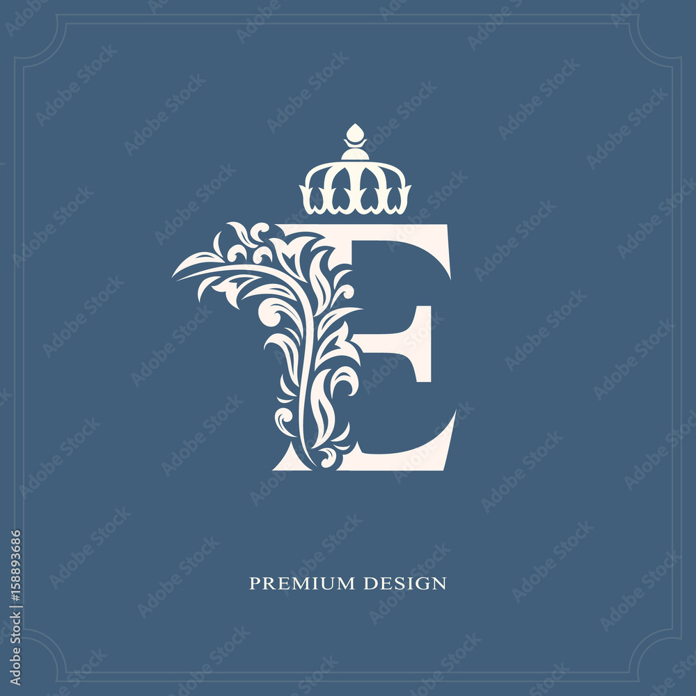 Elegant letter E with a crown. Graceful royal style. Calligraphic