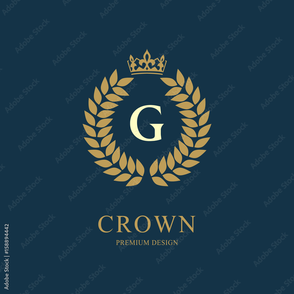 Wreath Monogram luxury design, graceful template. Floral elegant beautiful round logo with crown. Letter emblem sign G for Royalty, Restaurant, Boutique, Hotel, Heraldic, Jewelry. Vector illustration