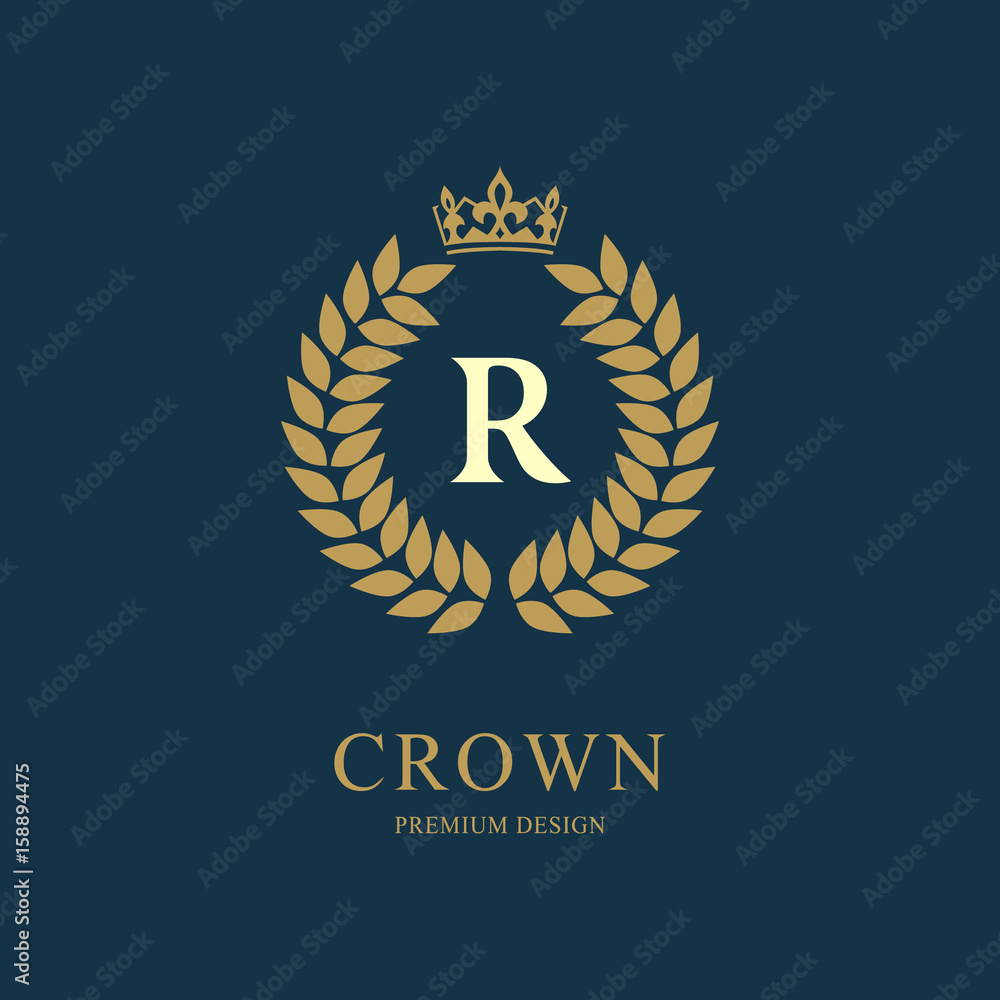 Fototapeta premium Wreath Monogram luxury design, graceful template. Floral elegant beautiful round logo with crown. Letter emblem sign R for Royalty, Restaurant, Boutique, Hotel, Heraldic, Jewelry. Vector illustration