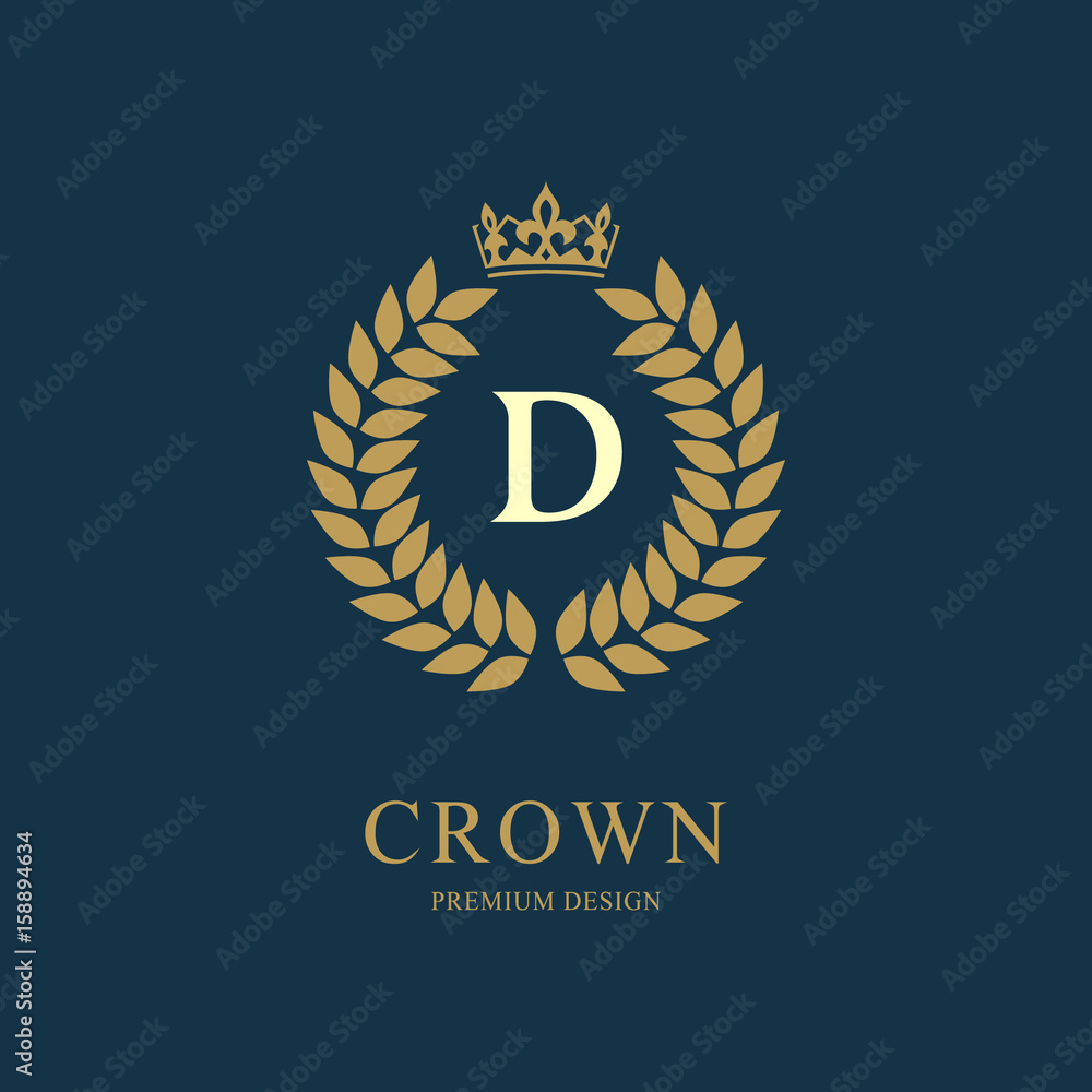 Fototapeta premium Wreath Monogram luxury design, graceful template. Floral elegant beautiful round logo with crown. Letter emblem sign D for Royalty, Restaurant, Boutique, Hotel, Heraldic, Jewelry. Vector illustration