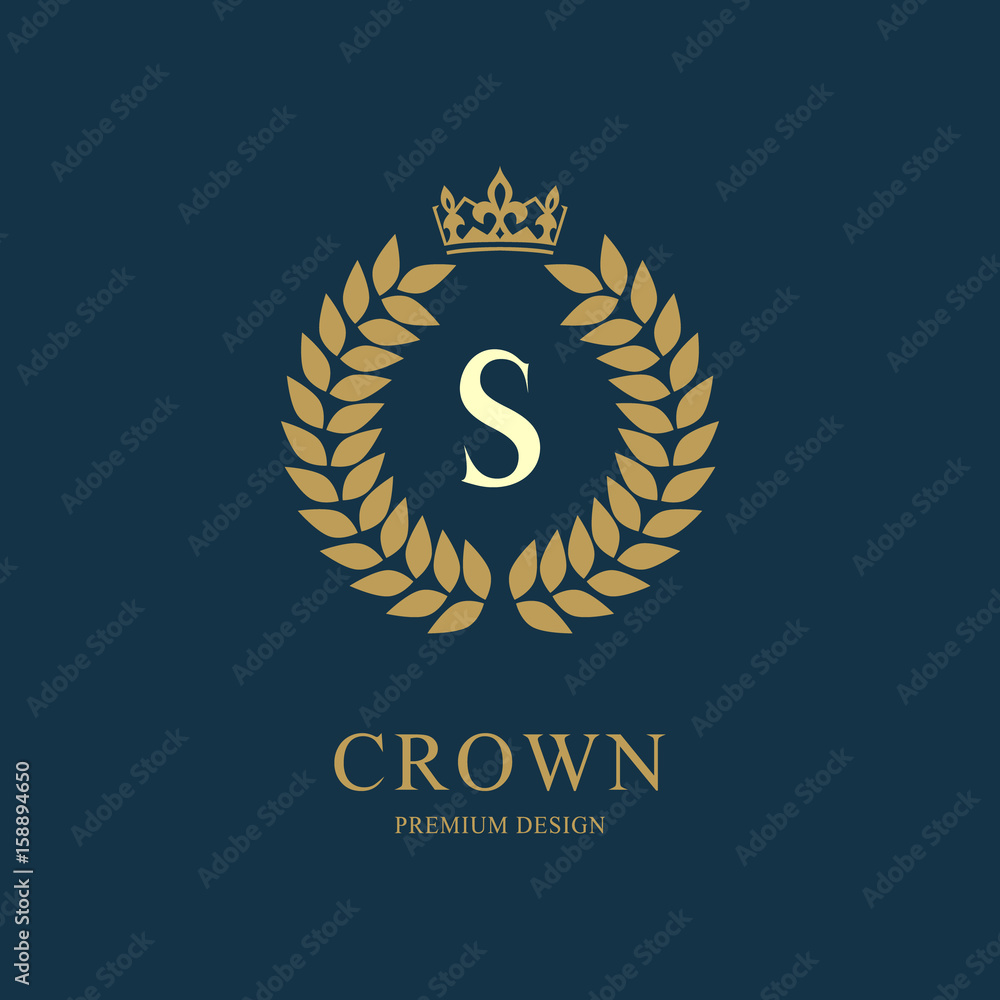 Fototapeta premium Wreath Monogram luxury design, graceful template. Floral elegant beautiful round logo with crown. Letter emblem sign S for Royalty, Restaurant, Boutique, Hotel, Heraldic, Jewelry. Vector illustration