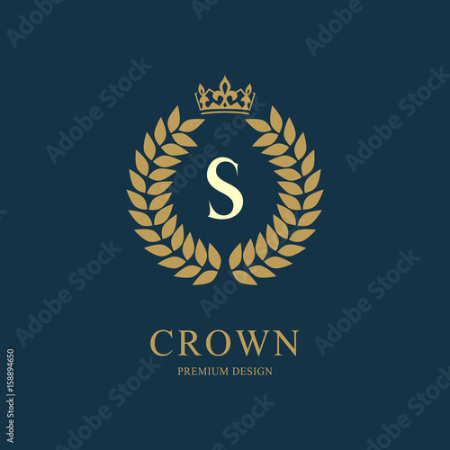 Wreath Monogram luxury design, graceful template. Floral elegant beautiful round logo with crown. Letter emblem sign S for Royalty, Restaurant, Boutique, Hotel, Heraldic, Jewelry. Vector illustration