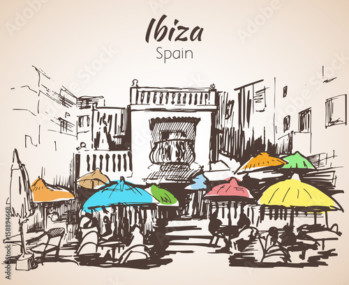 Small cafe in the street. Sketch. Isolated on white background