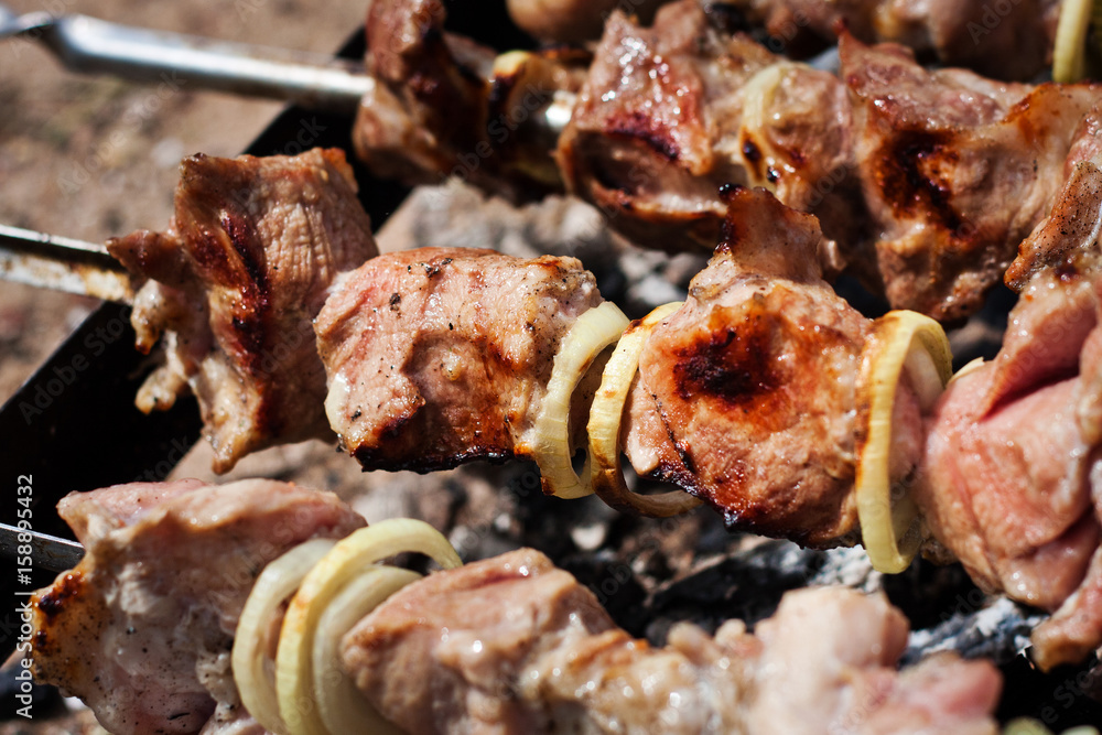 Pork meat on an open fire. Cooking meat on an open fire. B-B-Q. Shag on the barbecue. Cooking with coal
Pork meat on an open fire. Cooking meat on an open fire. B-B-Q. Shag on the barbecue. Cooking with coal