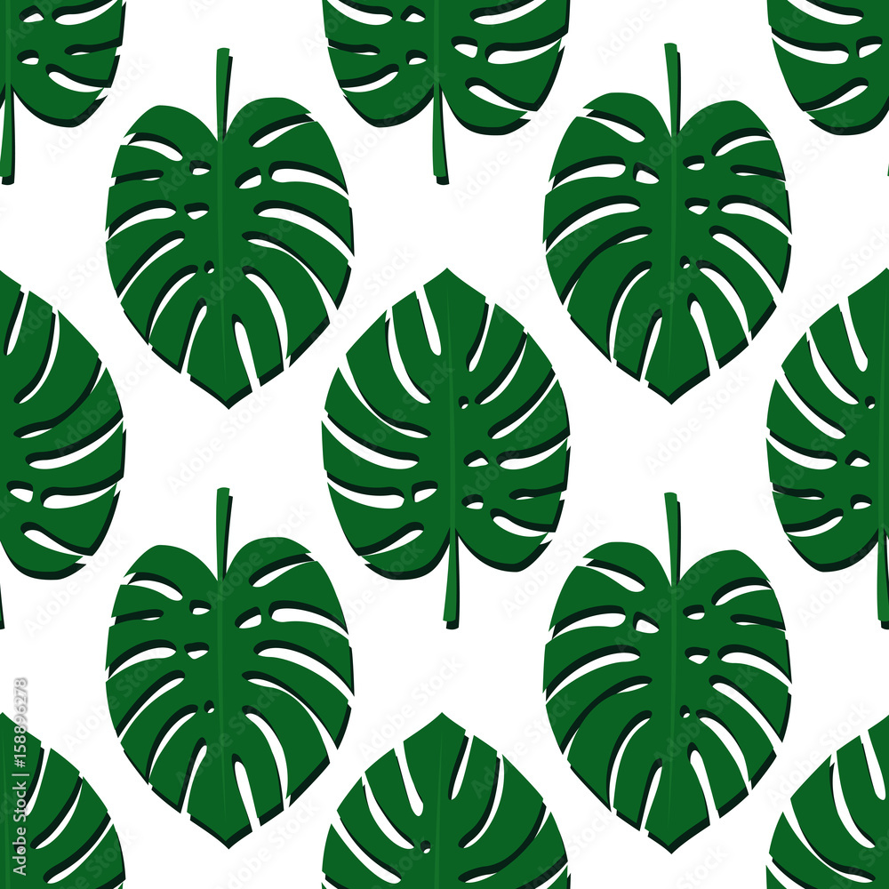 Tropical monstera leaves seamless pattern on white background. Palm leaves background. Trendy Jungle illustration. Fashion design for textile, wallpaper, fabric, decor. Tropical monstera leaves seamless pattern on white background. Palm leaves background. Trendy Jungle illustration. Fashion design for textile, wallpaper, fabric, decor.